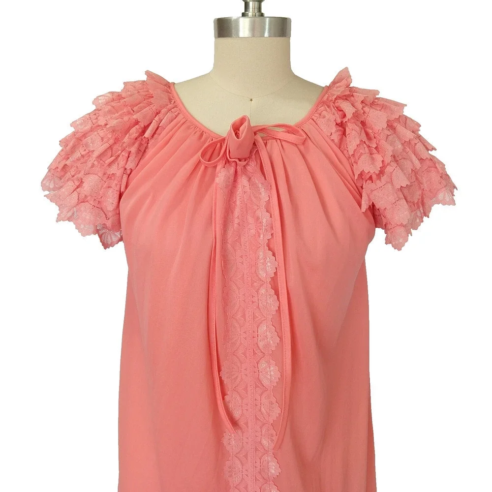 Vintage 60s Pink Nightgown Size S Ruffles Nylon Short Sleeve Lingerie Coquette